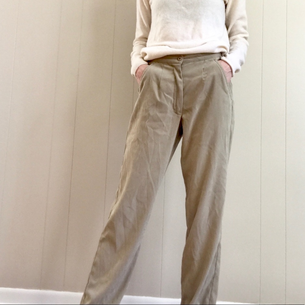 VTG Retro High Waisted Trousers Pants Pleated Tan